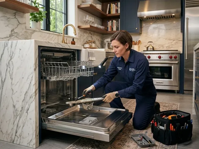 Appliance Repair Hero technician servicing a built-in dishwasher in a Boggstown, IN kitchen