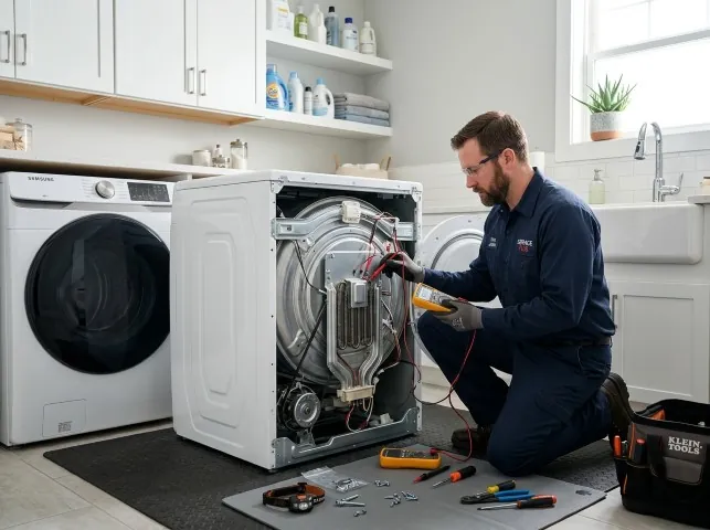 Appliance Repair Hero technician checking a dryer heating element with the rear panel off in Boggstown, IN