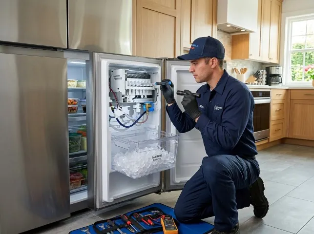 Appliance Repair Hero technician repairing a refrigerator ice maker in Boggstown, IN