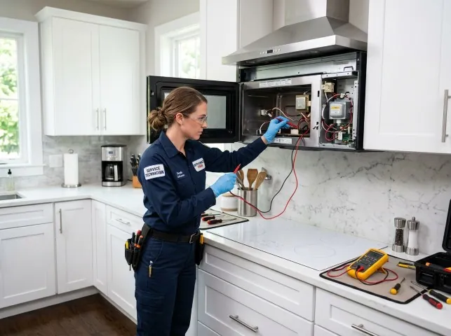 Appliance Repair Hero technician testing an over-the-range microwave in a Boggstown, IN kitchen