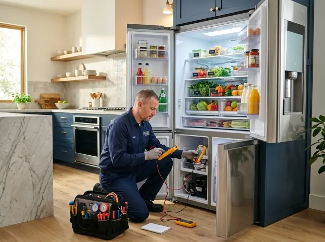 Appliance Repair Hero refrigerator technician testing a fridge on a Boggstown, IN service call