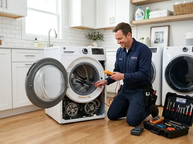 Appliance Repair Hero technician testing a front-load washer with a multimeter on a Boggstown, IN service call
